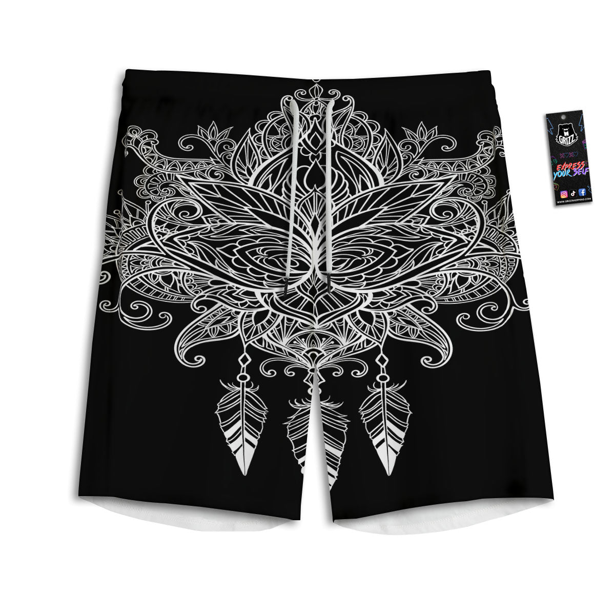 Lotus Mandala White And Black Print Men's Athletic Shorts