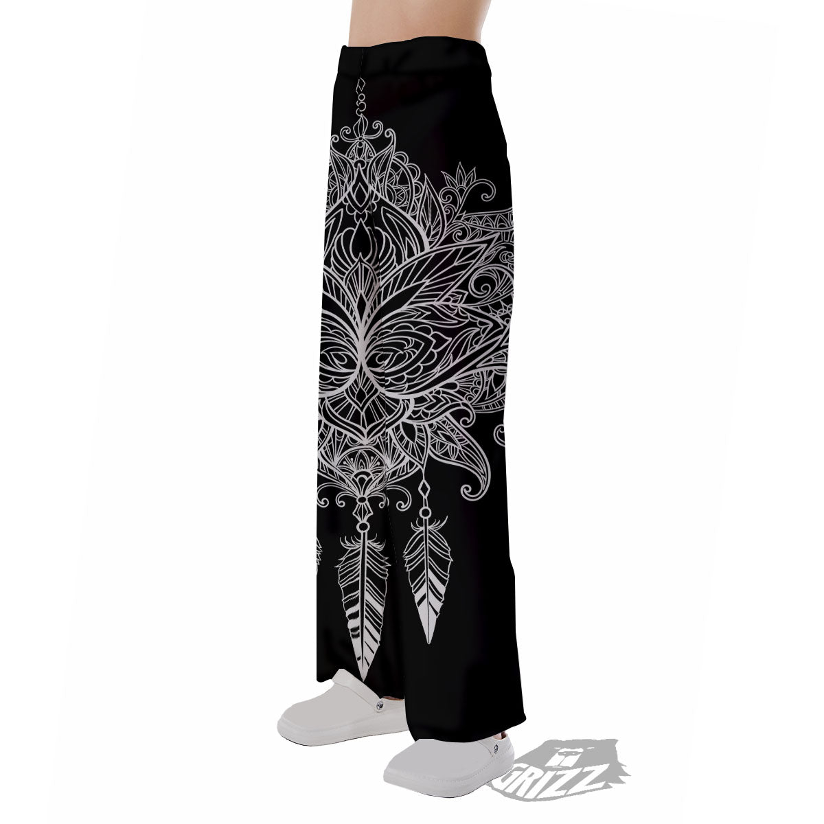 Lotus Mandala White And Black Print Pajama Pants-grizzshop