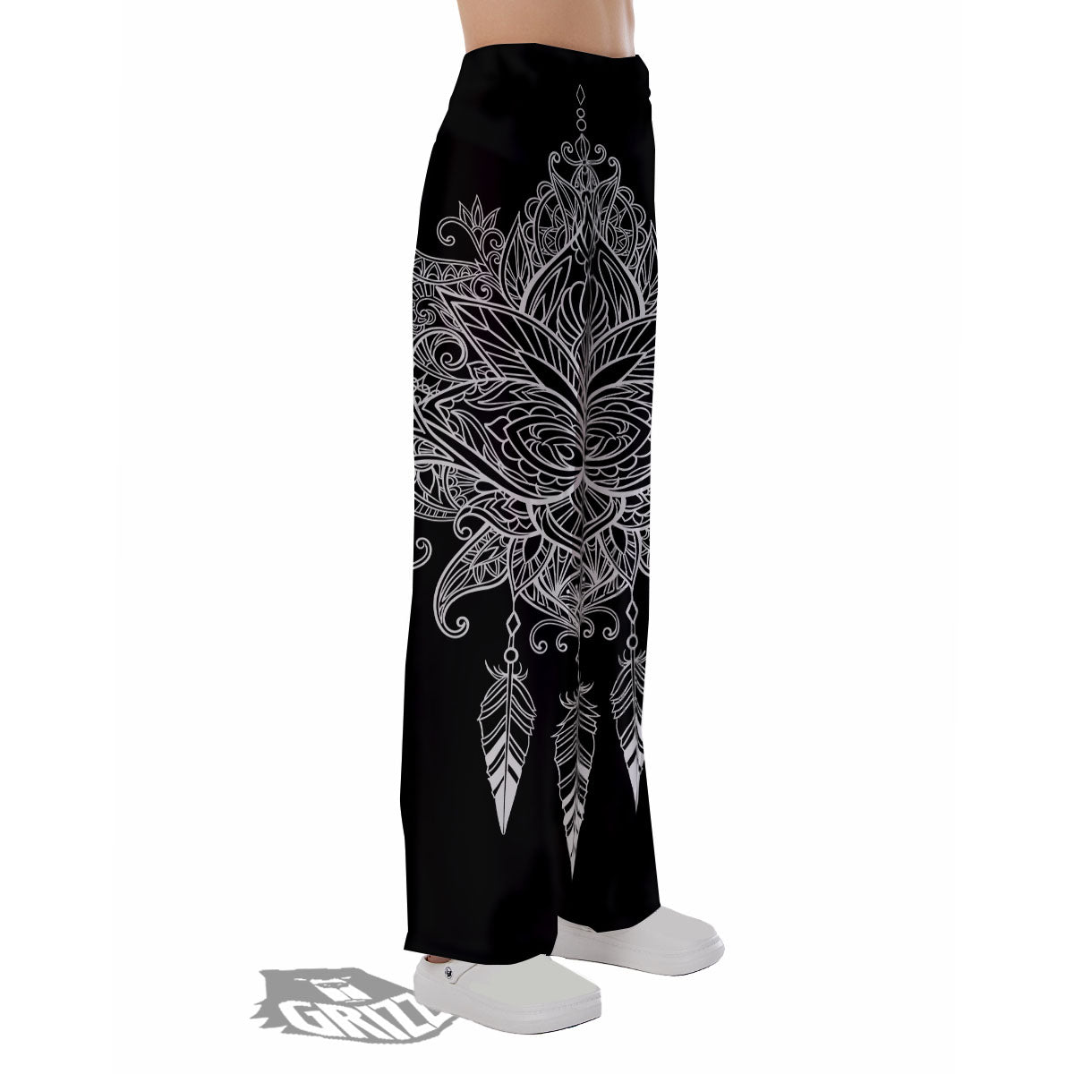 Lotus Mandala White And Black Print Pajama Pants-grizzshop