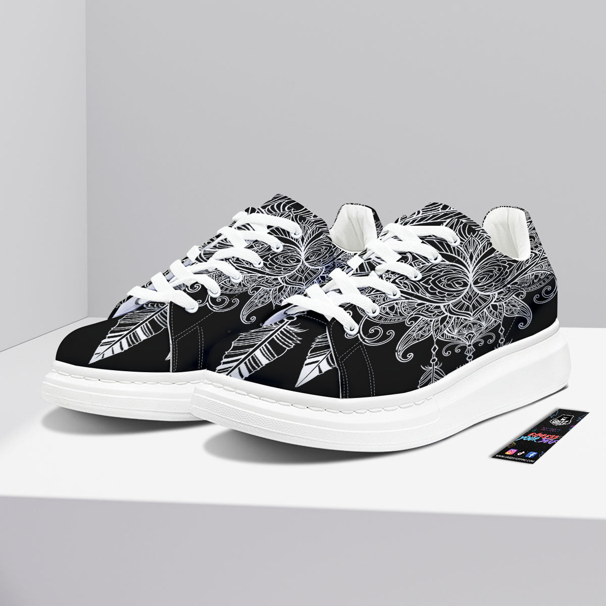 Lotus Mandala White And Black Print Platform Shoes-grizzshop