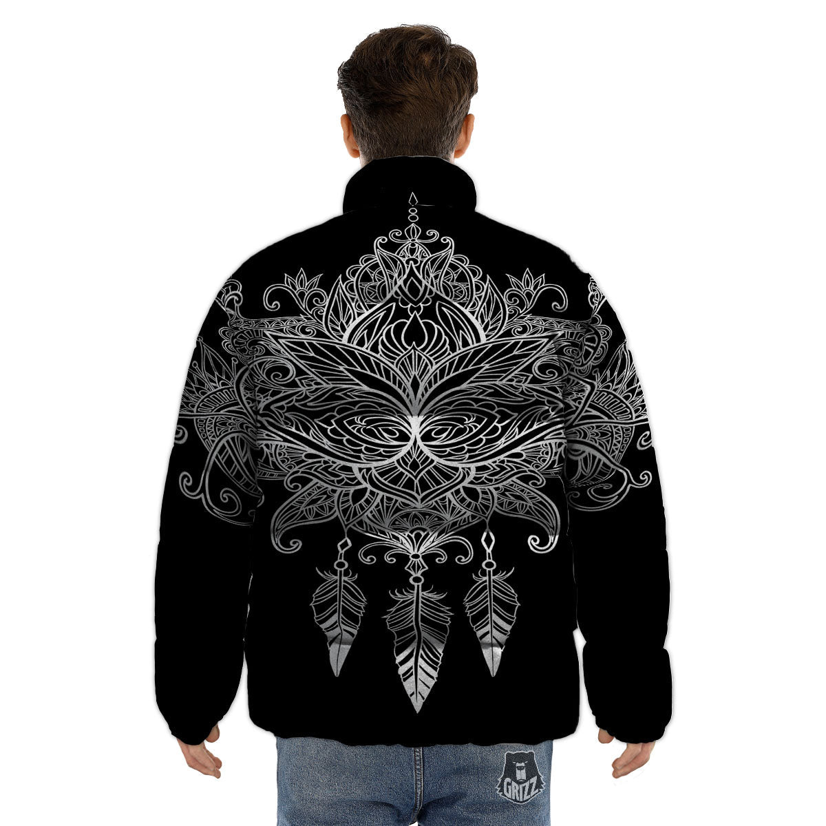Lotus Mandala White And Black Print Puffer Jacket-grizzshop
