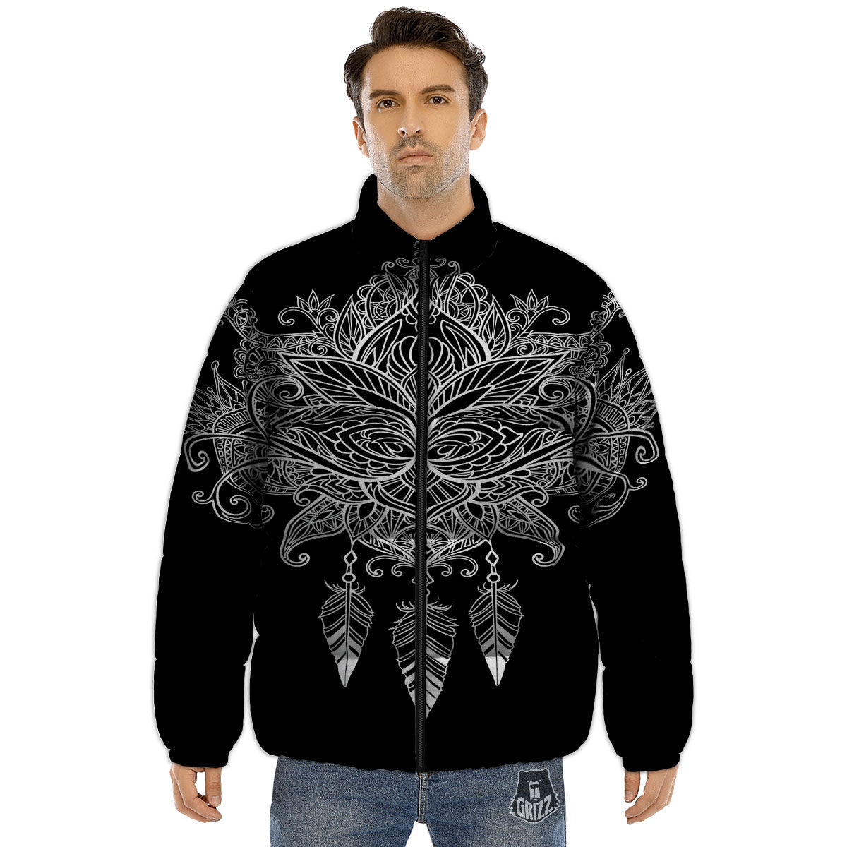 Lotus Mandala White And Black Print Puffer Jacket-grizzshop