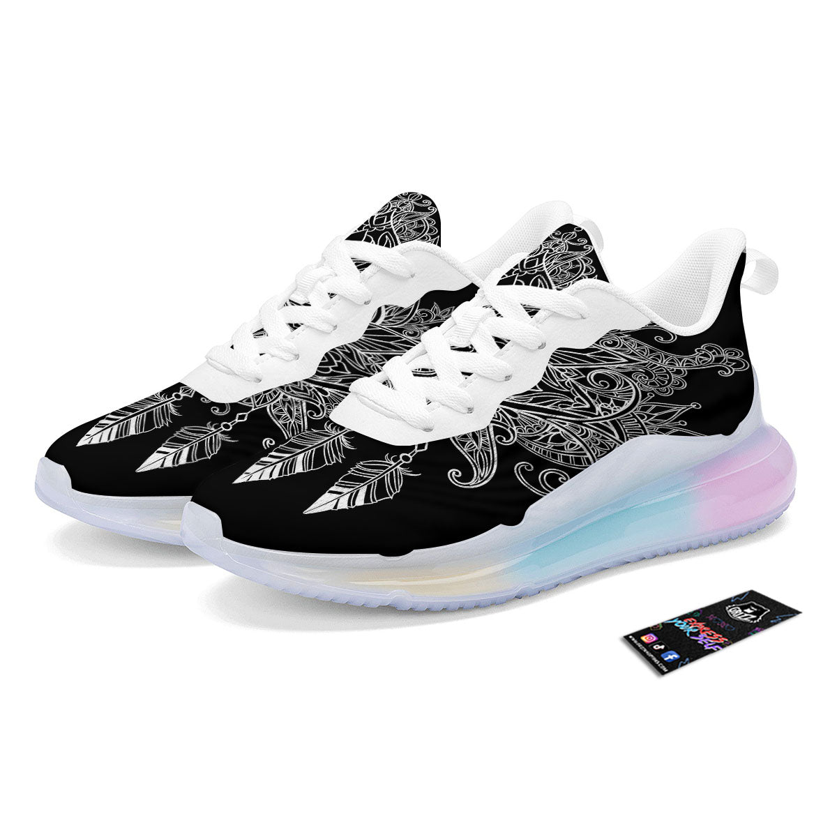Lotus Mandala White And Black Print Running Sneakers-grizzshop