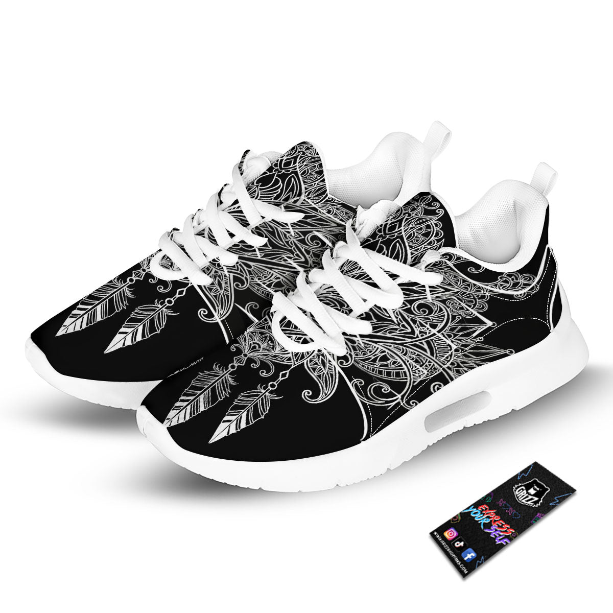 Lotus Mandala White And Black Print Tennis Shoes-grizzshop
