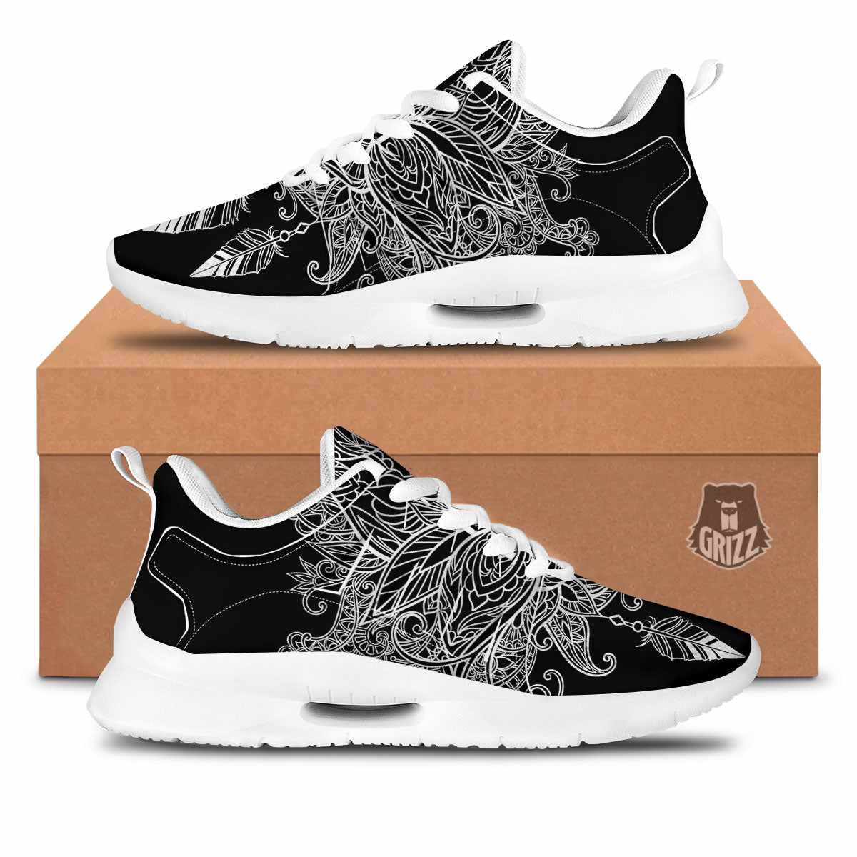 Lotus Mandala White And Black Print Tennis Shoes-grizzshop