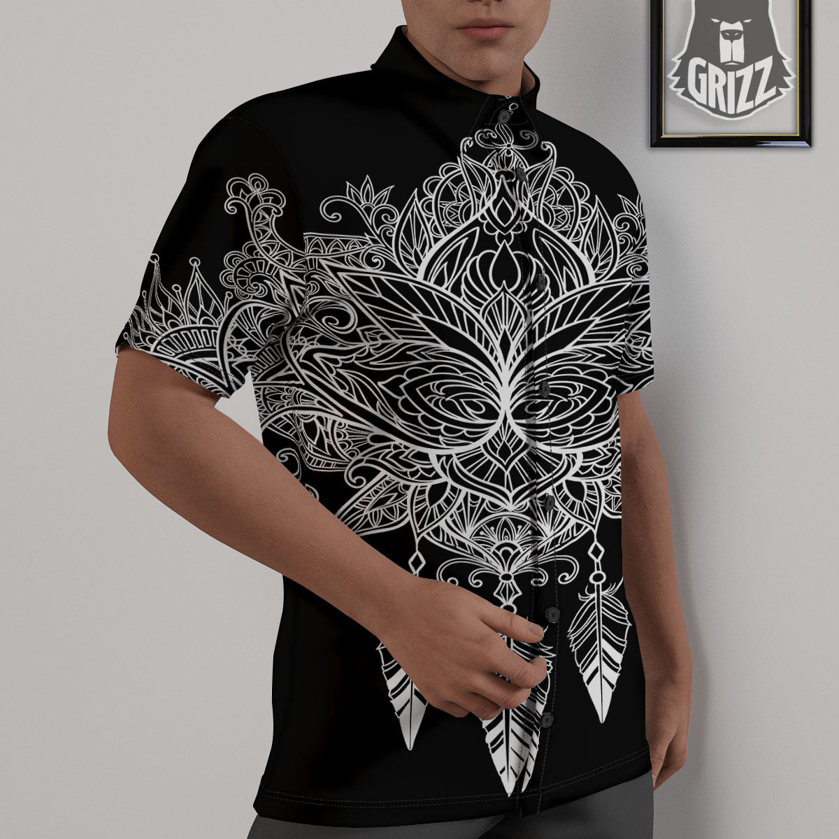 Lotus Mandala White And Black Print Untucked Shirts-grizzshop
