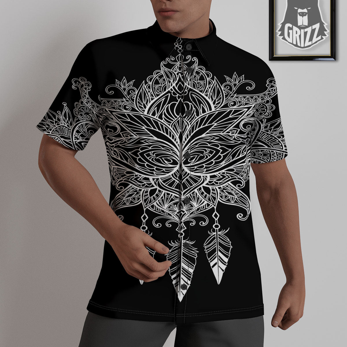 Lotus Mandala White And Black Print Untucked Shirts-grizzshop
