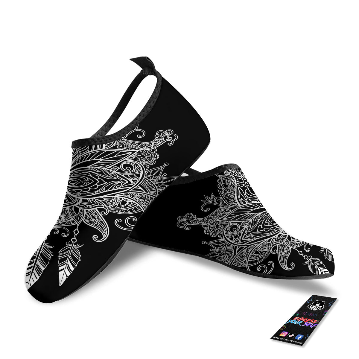 Lotus Mandala White And Black Print Water Shoes-grizzshop