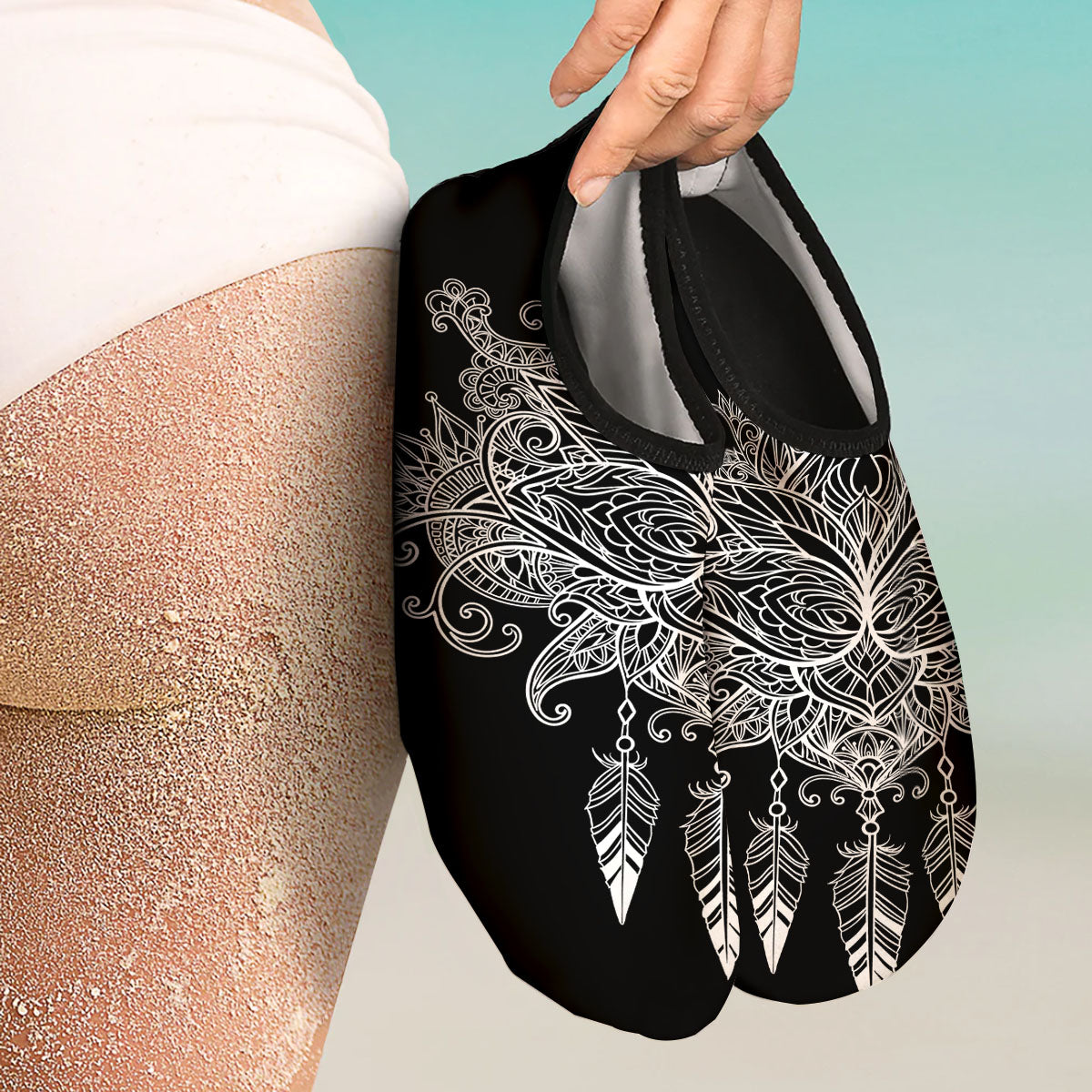 Lotus Mandala White And Black Print Water Shoes-grizzshop