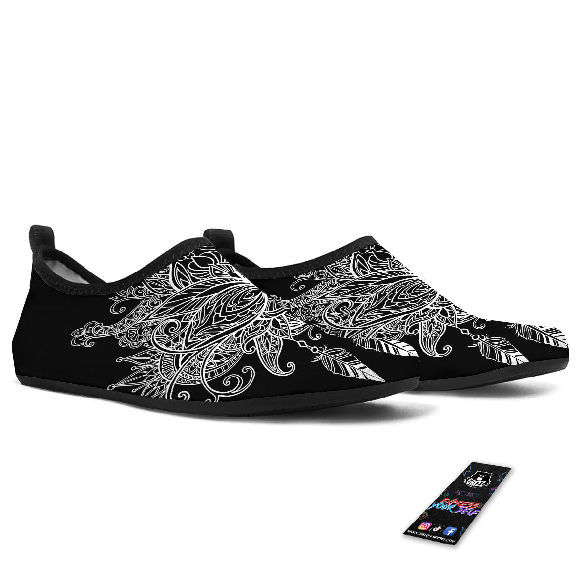 Lotus Mandala White And Black Print Water Shoes-grizzshop