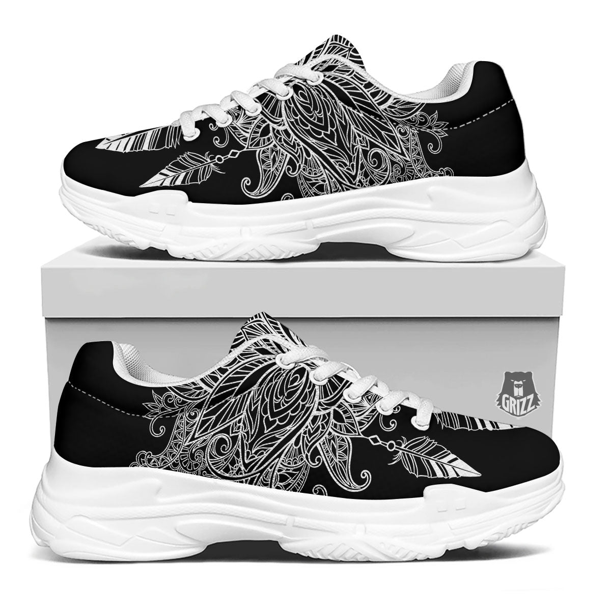 Lotus Mandala White And Black Print White Chunky Shoes-grizzshop
