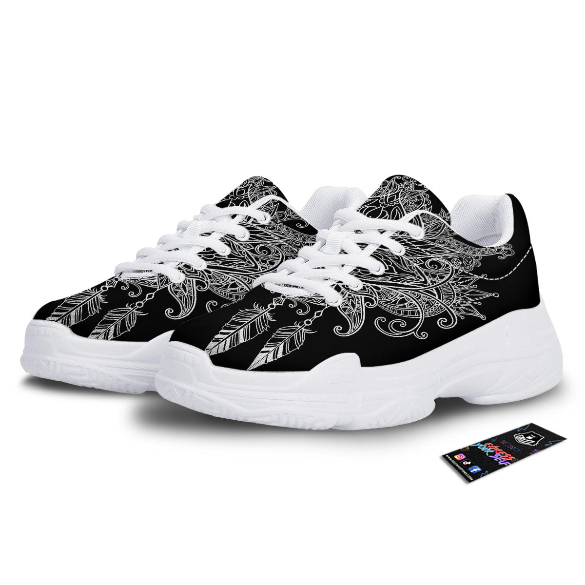 Lotus Mandala White And Black Print White Chunky Shoes-grizzshop