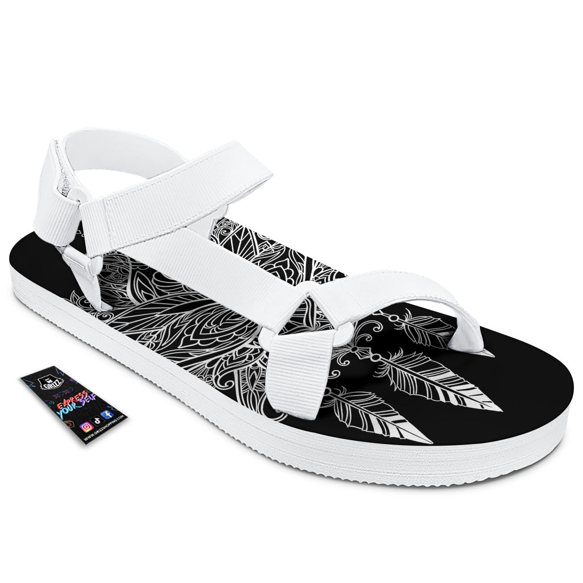 Lotus Mandala White And Black Print White Open Toe Sandals-grizzshop