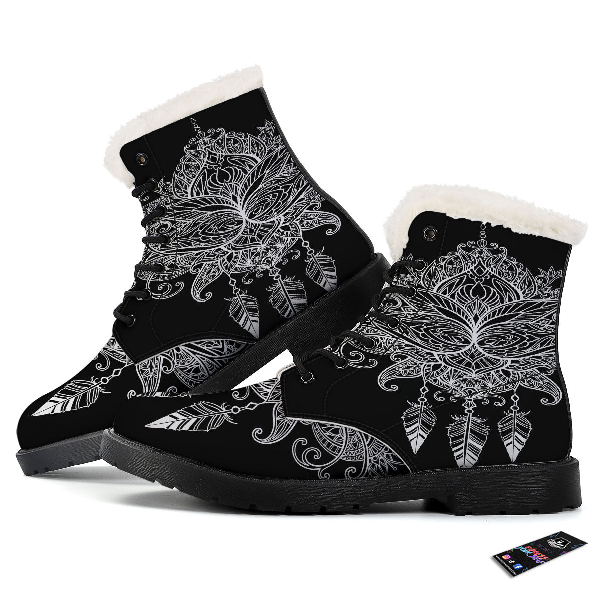 Lotus Mandala White And Black Print Winter Boots-grizzshop
