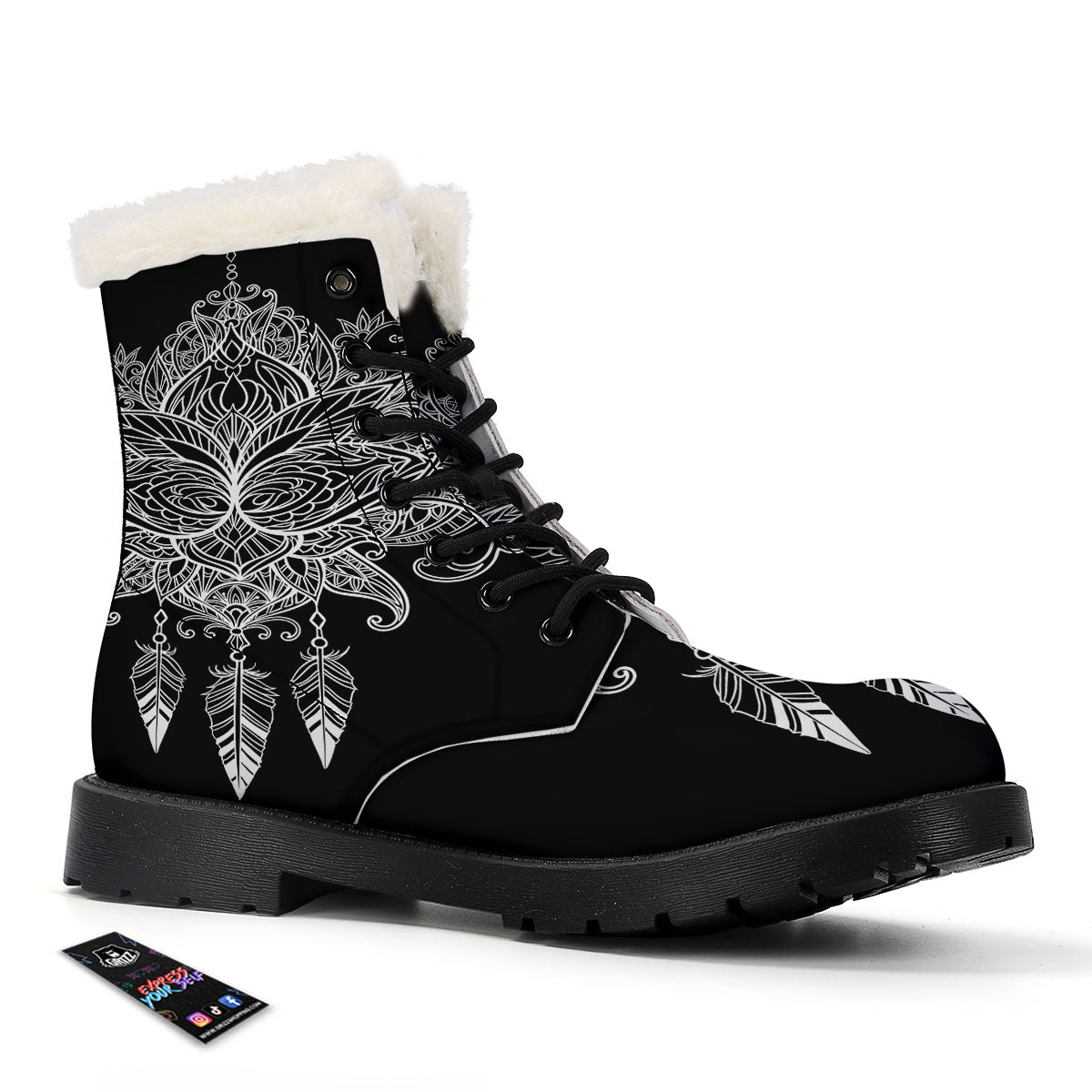 Lotus Mandala White And Black Print Winter Boots-grizzshop