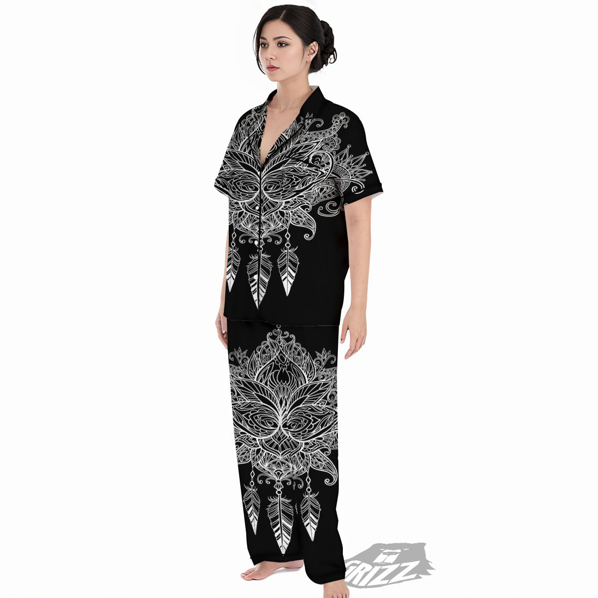 Lotus Mandala White And Black Print Women's Pajamas Set-grizzshop