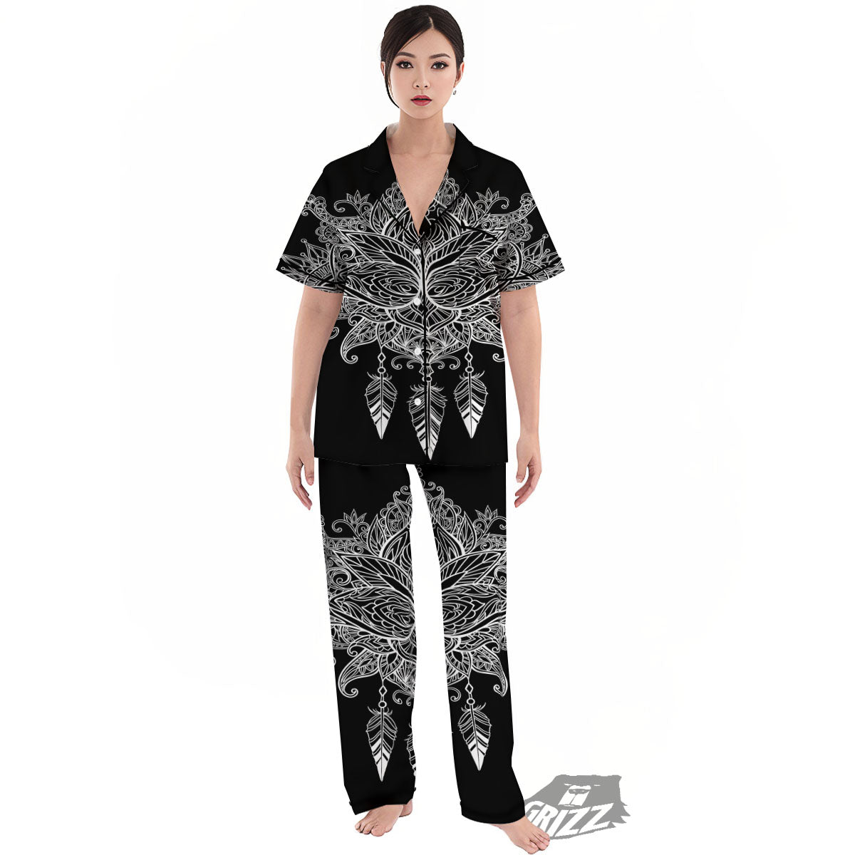 Lotus Mandala White And Black Print Women's Pajamas Set-grizzshop
