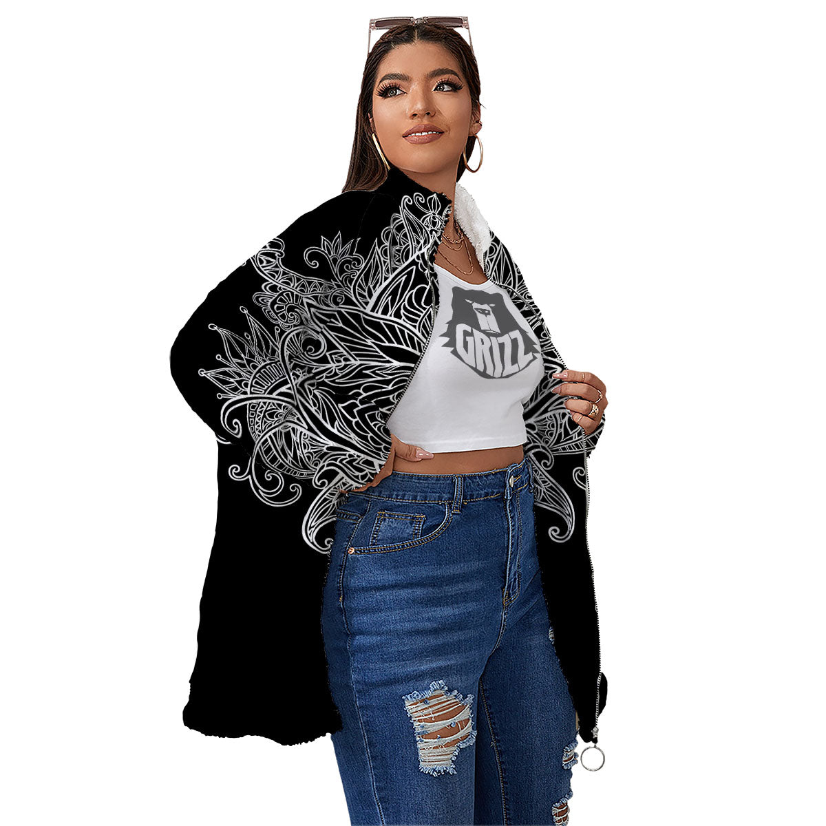 Lotus Mandala White And Black Print Women's Sherpa Jacket-grizzshop