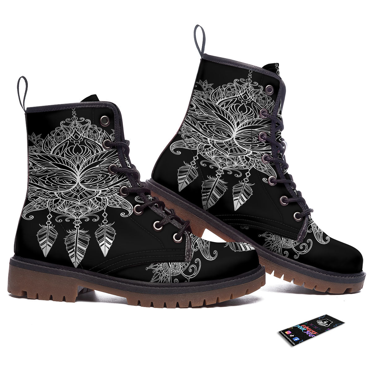 Lotus Mandala White And Black Print Work Boots-grizzshop