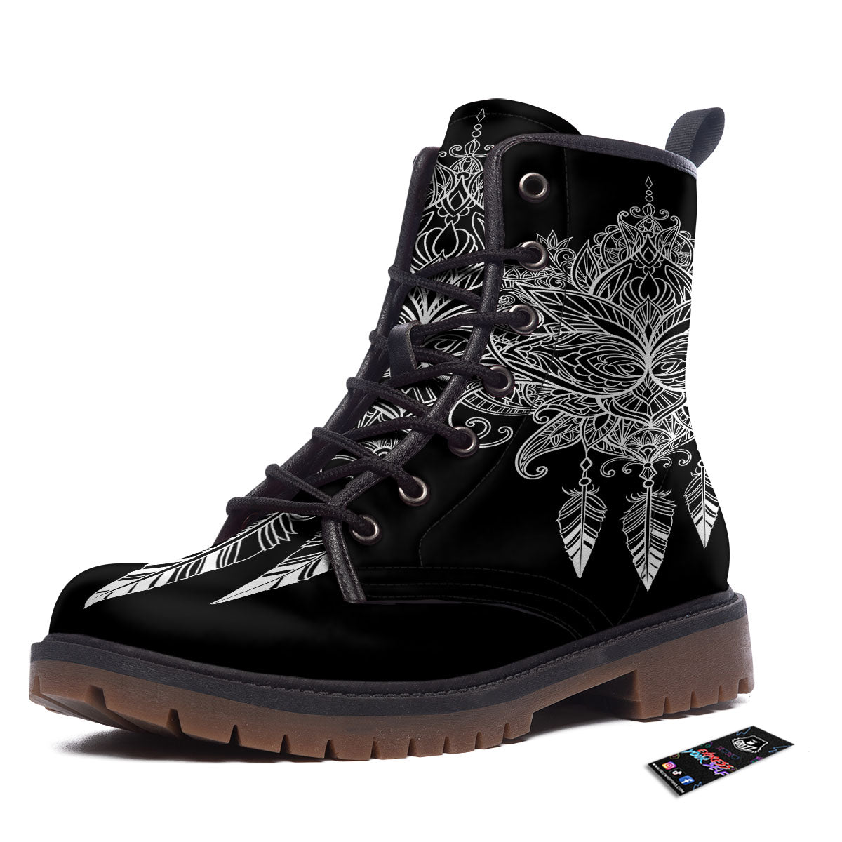 Lotus Mandala White And Black Print Work Boots-grizzshop