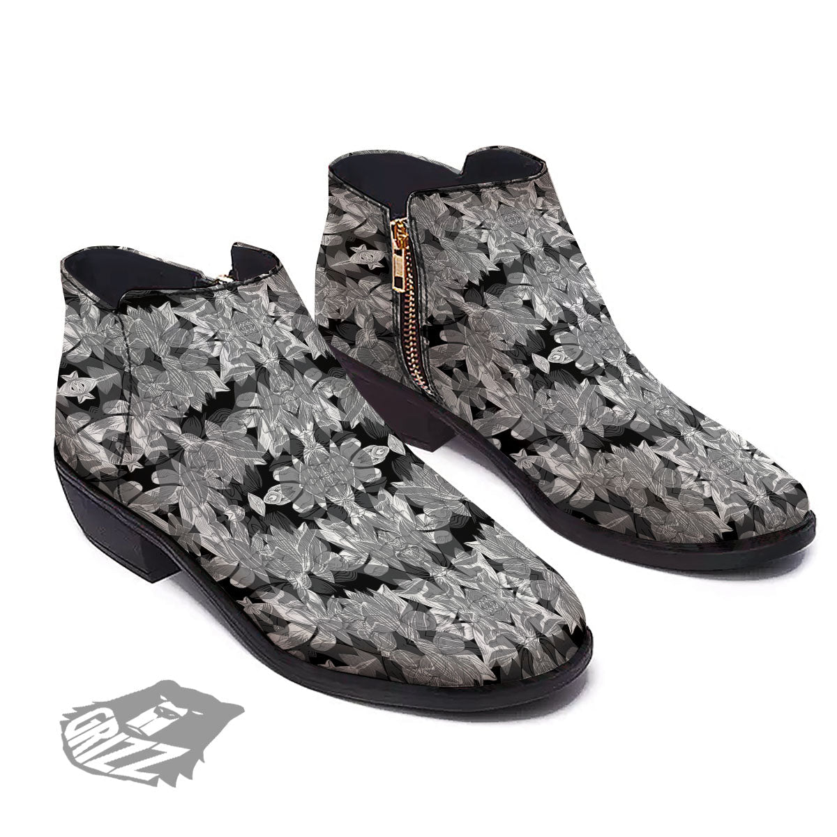 Lotus Monochrome Print Pattern Ankle Boots-grizzshop