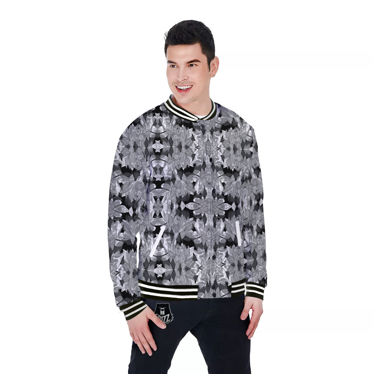 Lotus Monochrome Print Pattern Baseball Jacket-grizzshop