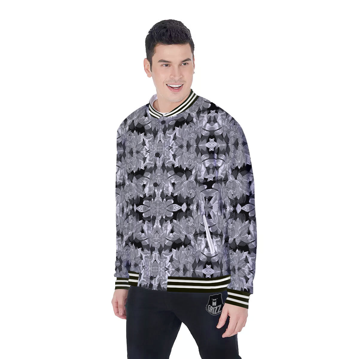 Lotus Monochrome Print Pattern Baseball Jacket-grizzshop