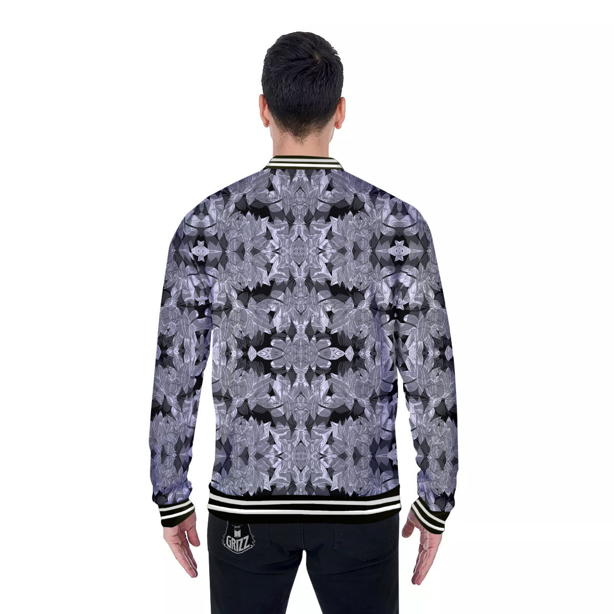 Lotus Monochrome Print Pattern Baseball Jacket-grizzshop
