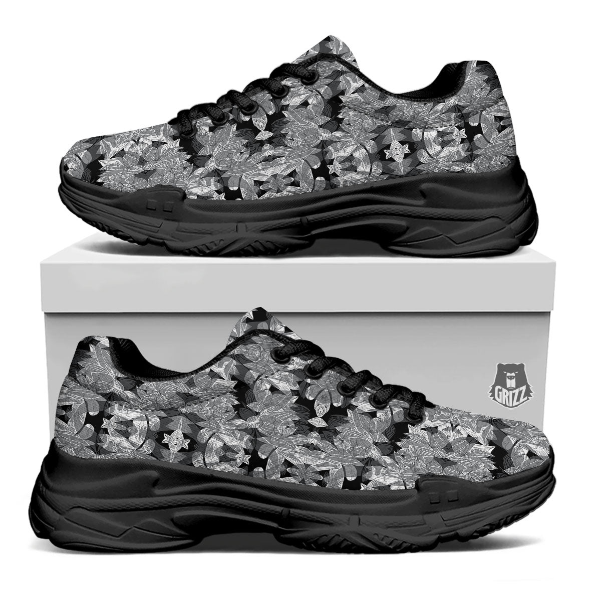 Lotus Monochrome Print Pattern Black Chunky Shoes-grizzshop