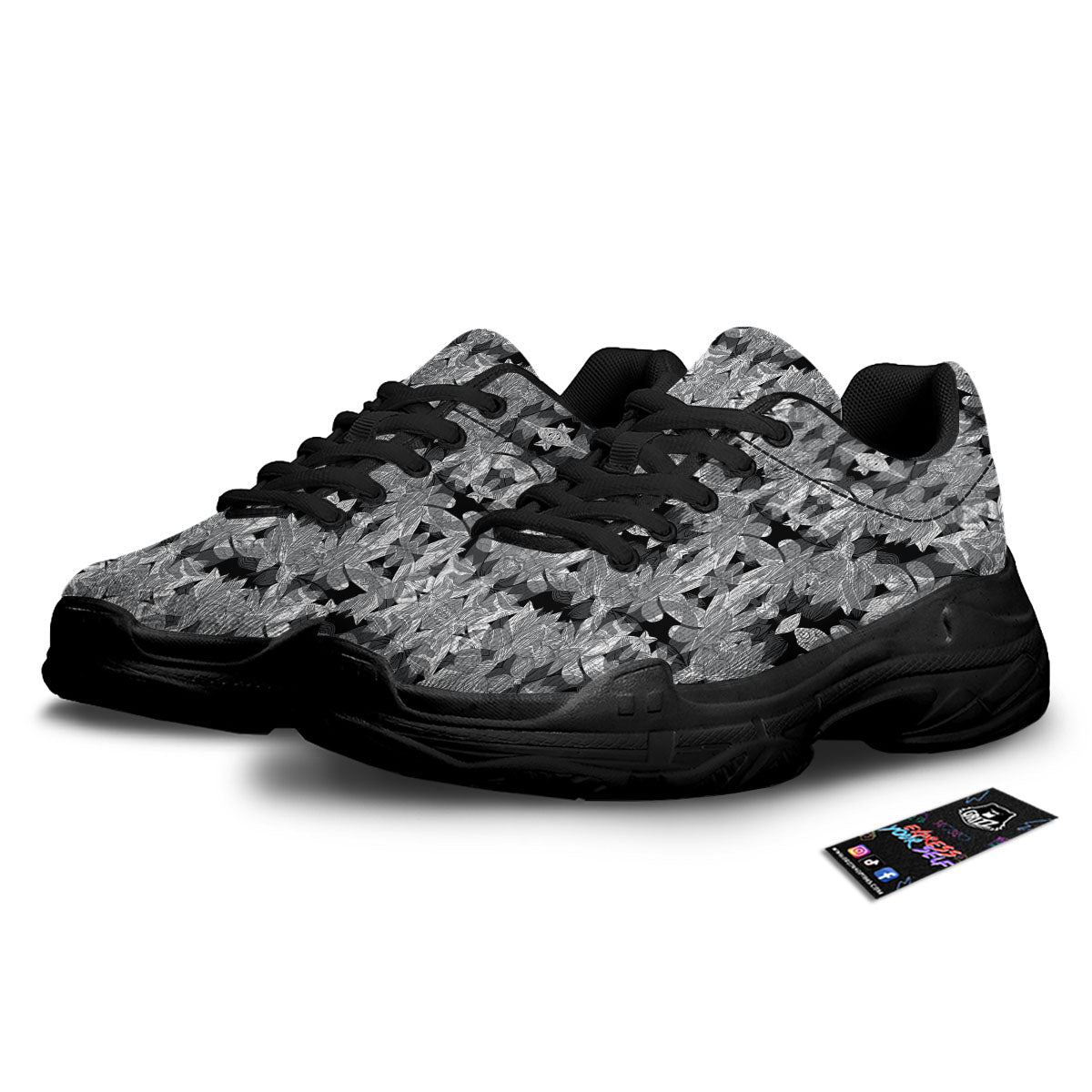 Lotus Monochrome Print Pattern Black Chunky Shoes-grizzshop