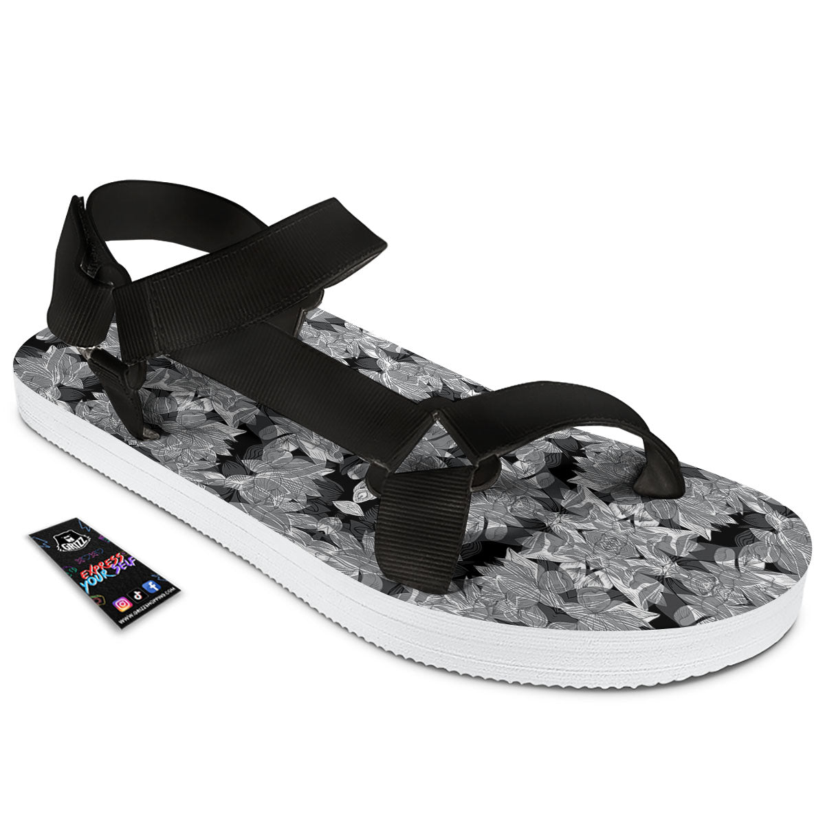 Lotus Monochrome Print Pattern Black Open Toe Sandals-grizzshop