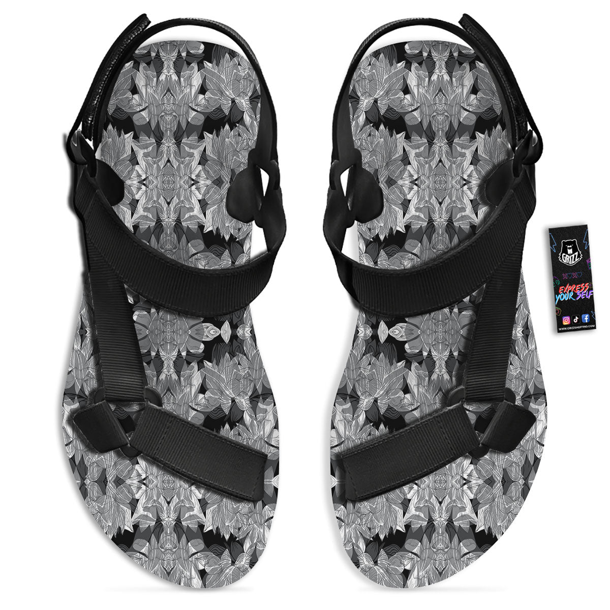 Lotus Monochrome Print Pattern Black Open Toe Sandals-grizzshop