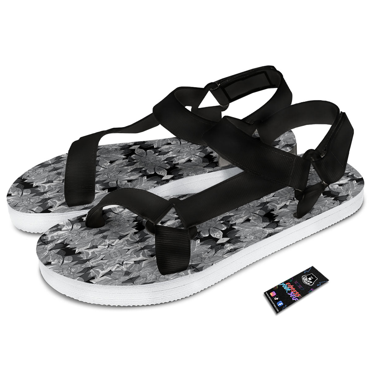 Lotus Monochrome Print Pattern Black Open Toe Sandals-grizzshop