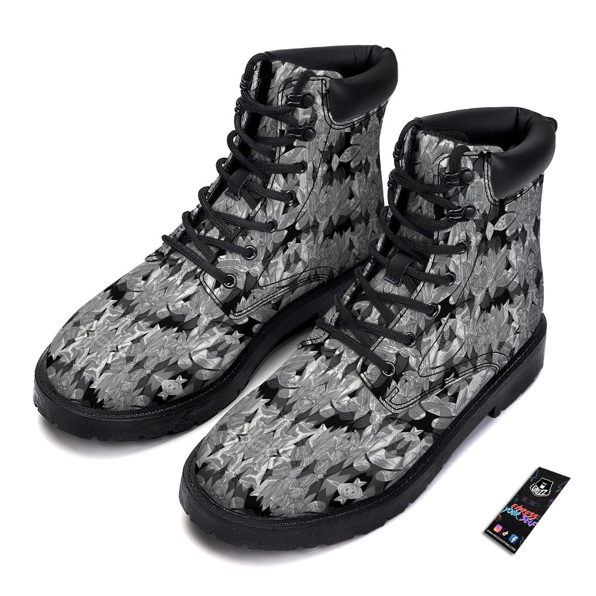 Lotus Monochrome Print Pattern Boots-grizzshop