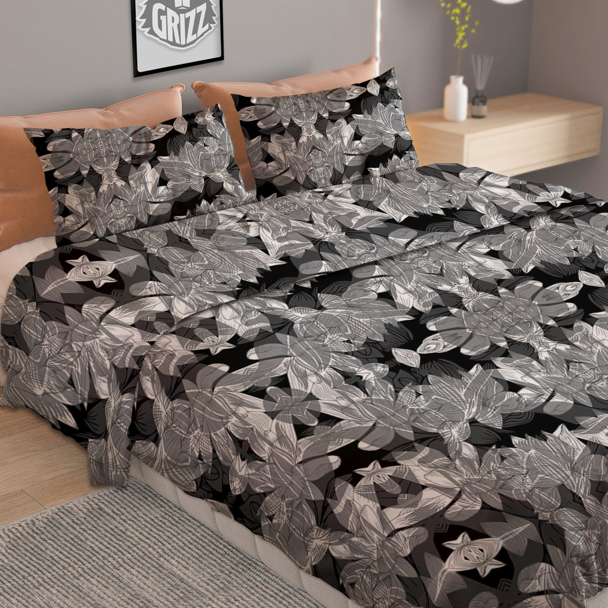 Lotus Monochrome Print Pattern Duvet Cover Bedding Set