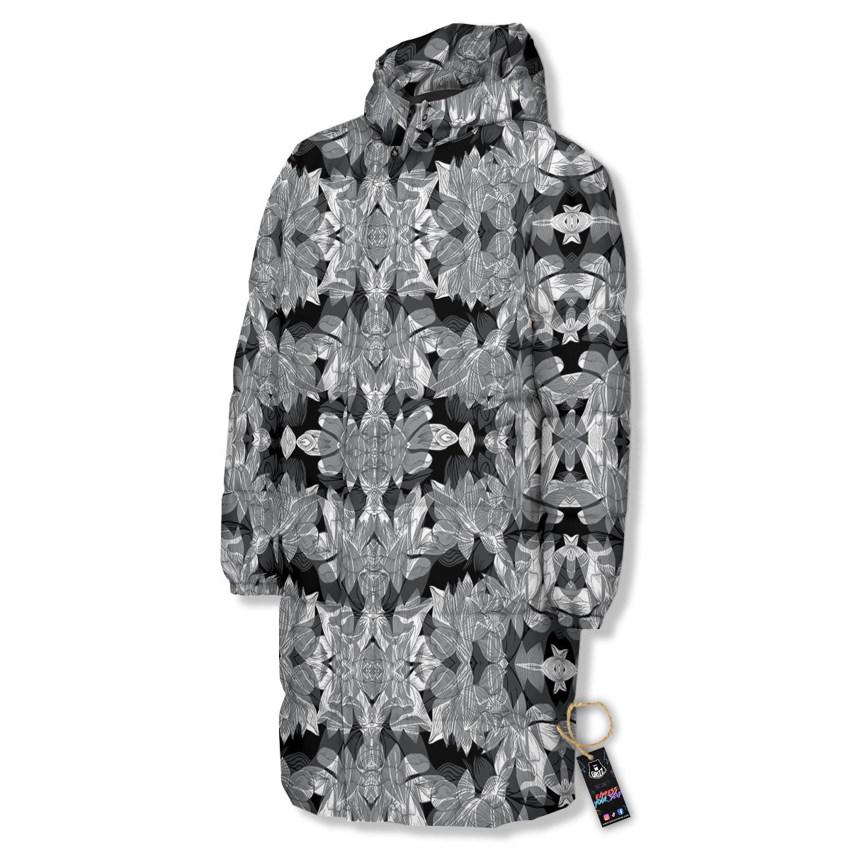 Lotus Monochrome Print Pattern Long Down Jacket-grizzshop