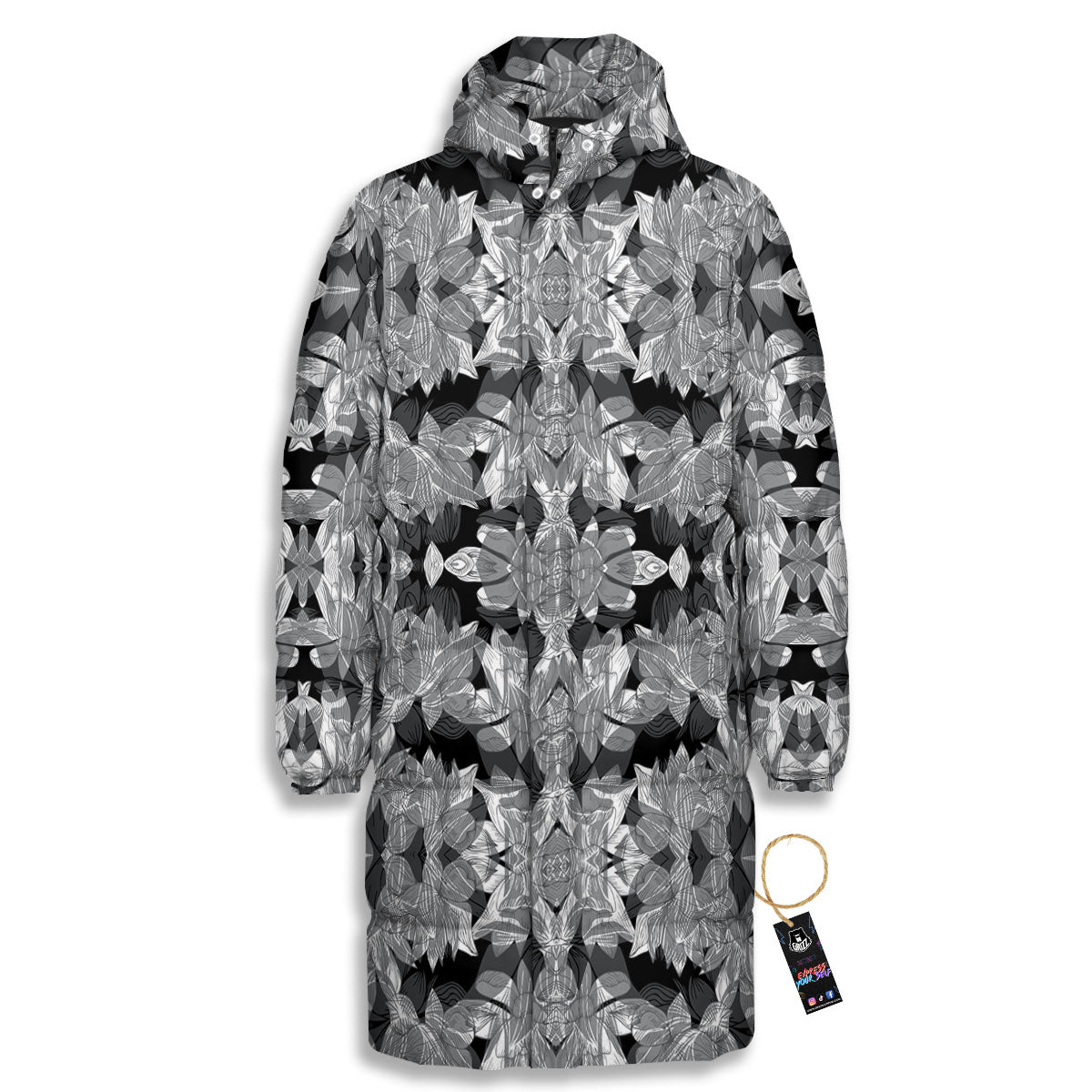 Lotus Monochrome Print Pattern Long Down Jacket-grizzshop