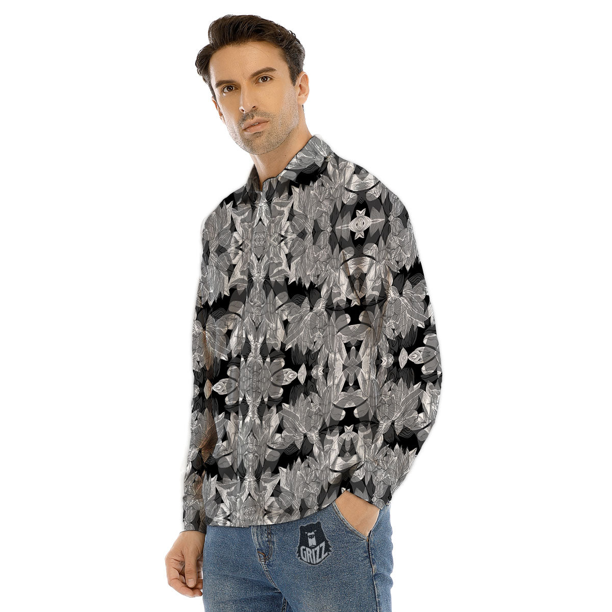Lotus Monochrome Print Pattern Men's Dress Shirts-grizzshop