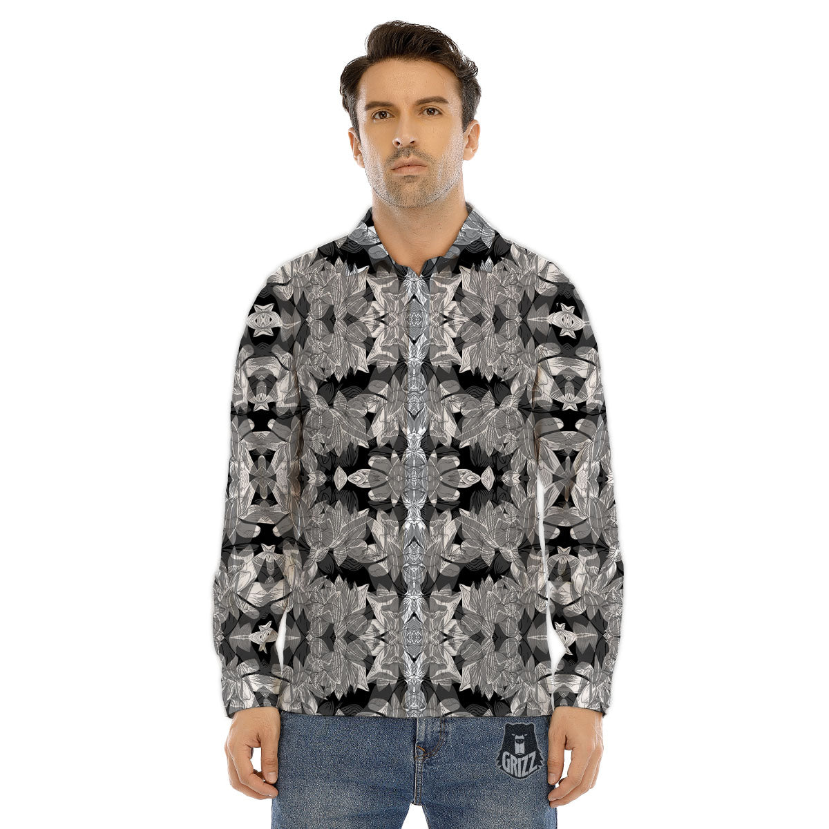 Lotus Monochrome Print Pattern Men's Dress Shirts-grizzshop