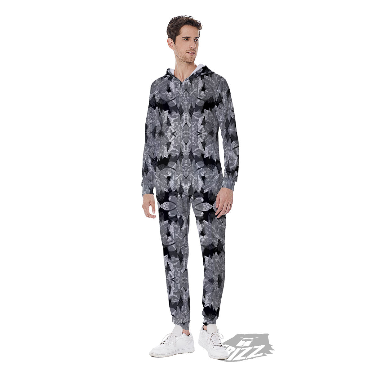 Lotus Monochrome Print Pattern Men's Jumpsuit-grizzshop