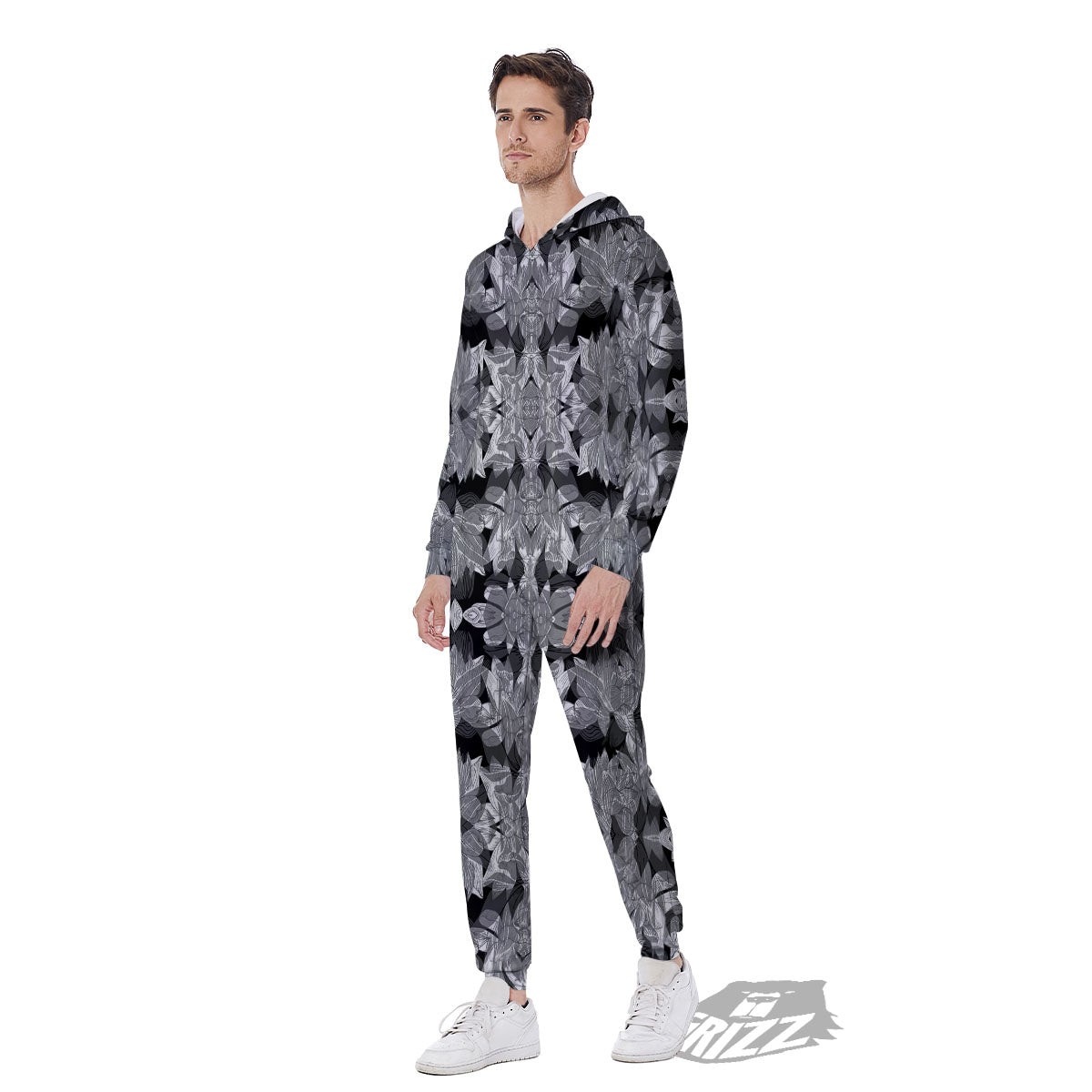 Lotus Monochrome Print Pattern Men's Jumpsuit-grizzshop