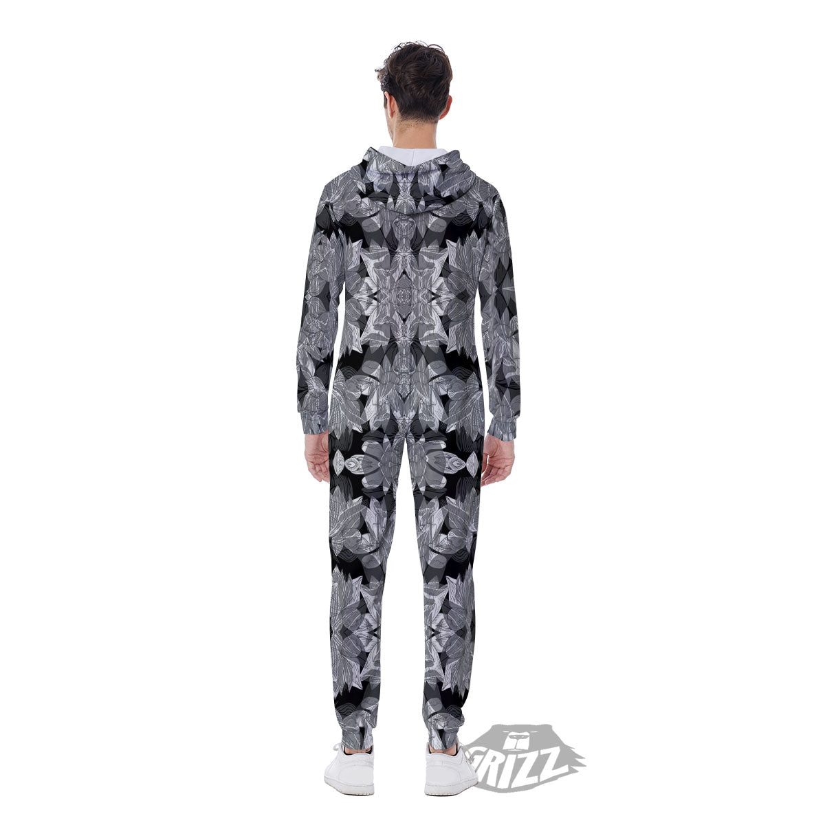 Lotus Monochrome Print Pattern Men's Jumpsuit-grizzshop