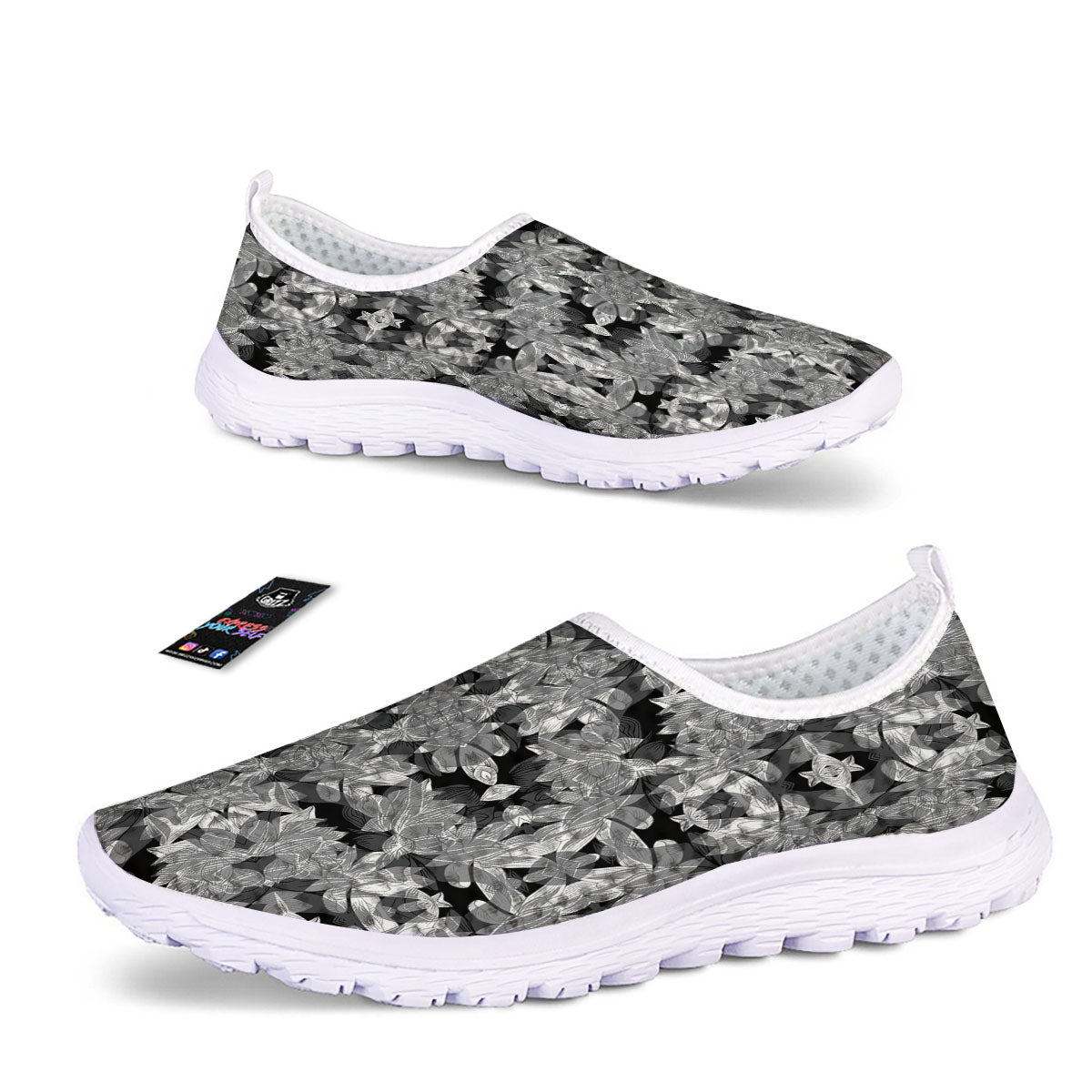Lotus Monochrome Print Pattern Nurse Shoes-grizzshop