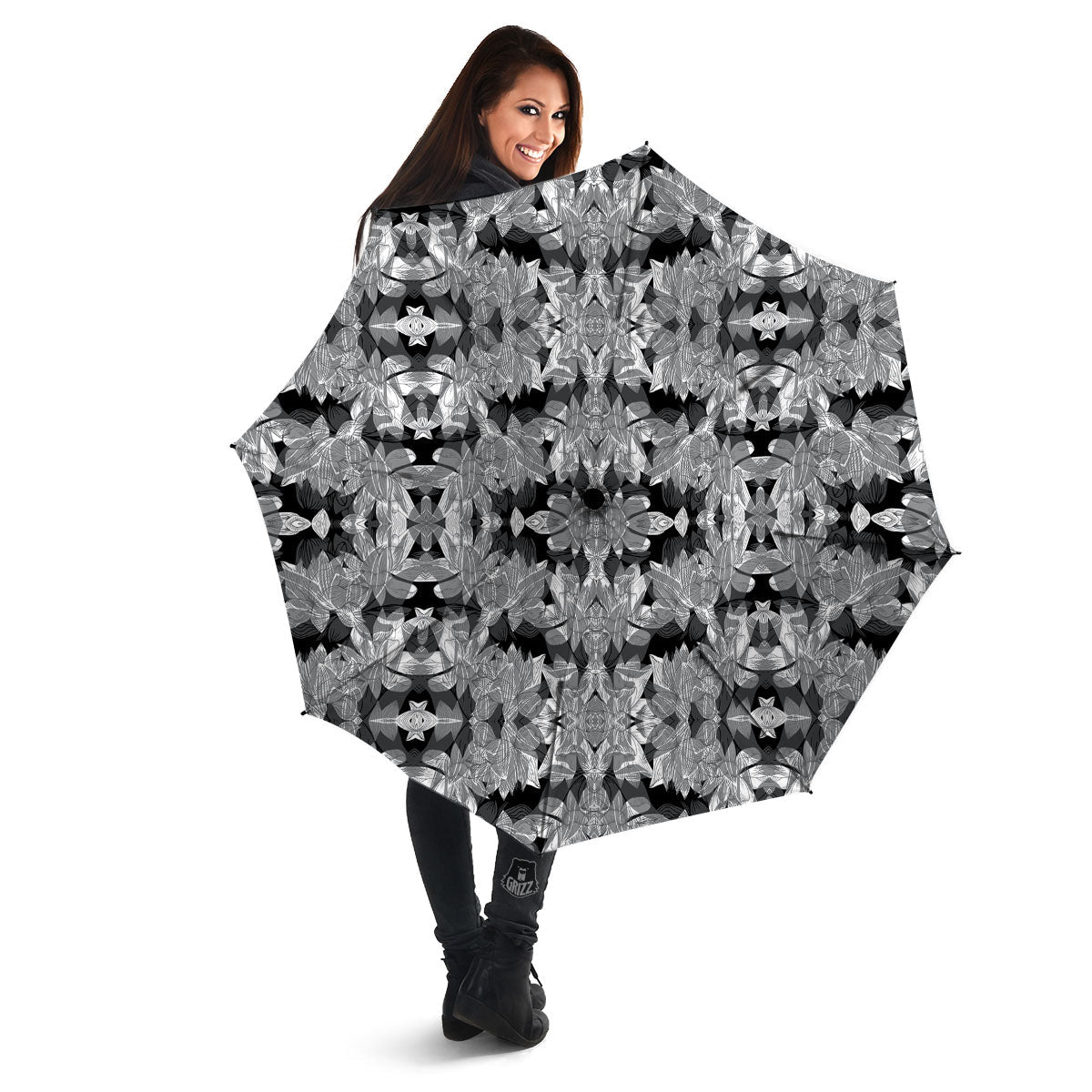 Lotus Monochrome Print Pattern Umbrella-grizzshop