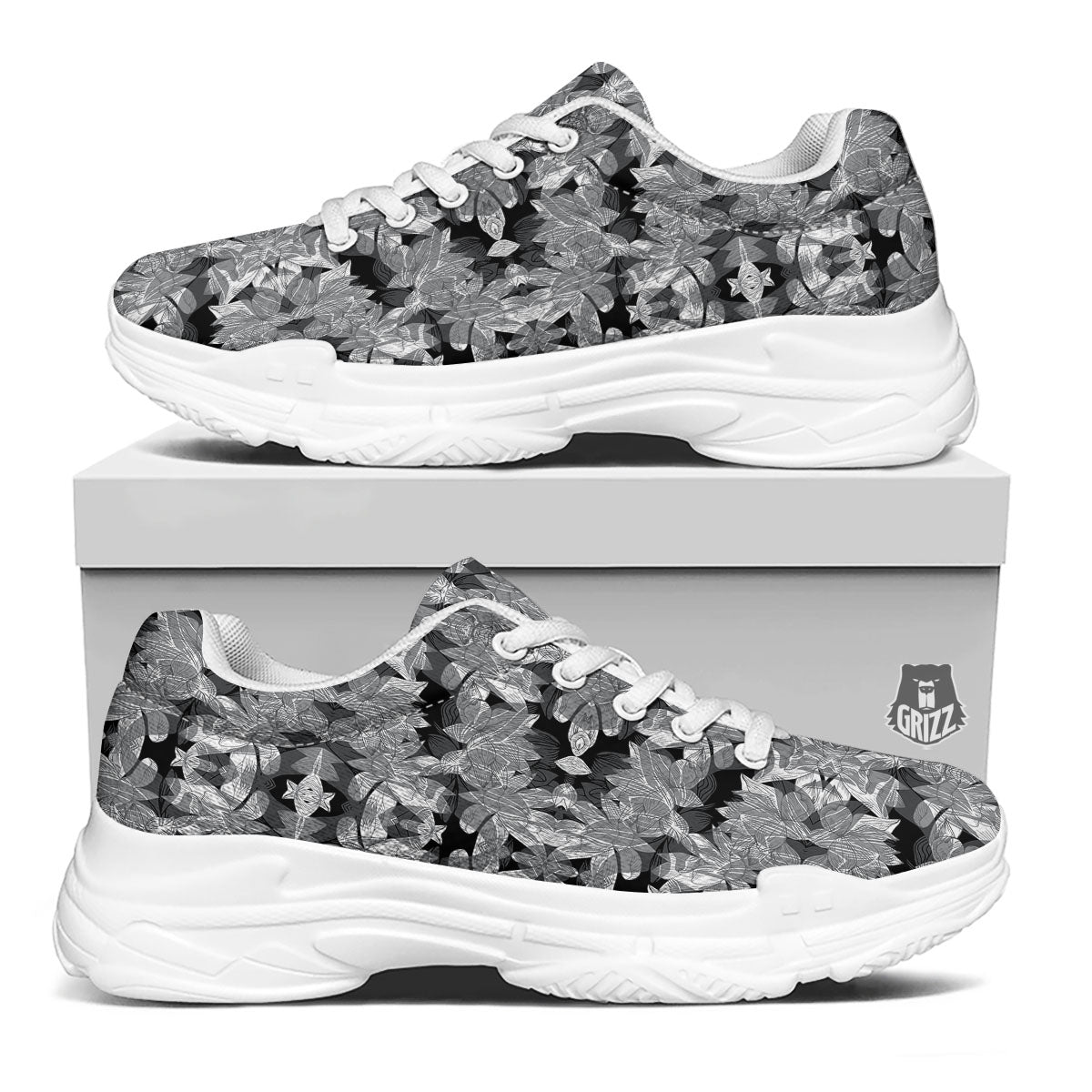 Lotus Monochrome Print Pattern White Chunky Shoes-grizzshop