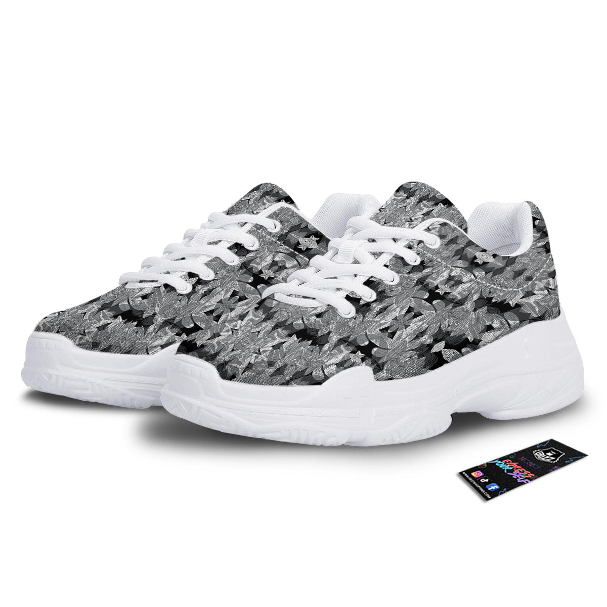 Lotus Monochrome Print Pattern White Chunky Shoes-grizzshop