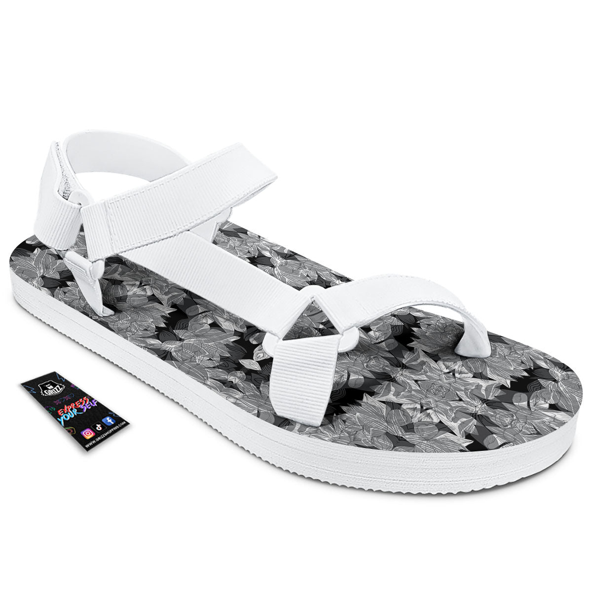Lotus Monochrome Print Pattern White Open Toe Sandals-grizzshop