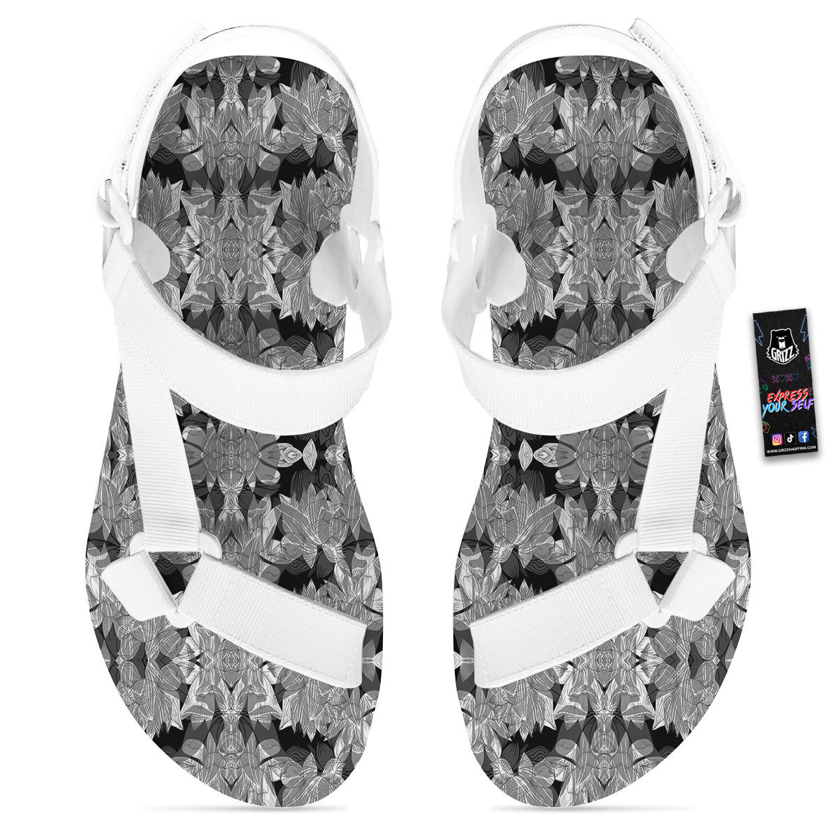 Lotus Monochrome Print Pattern White Open Toe Sandals-grizzshop