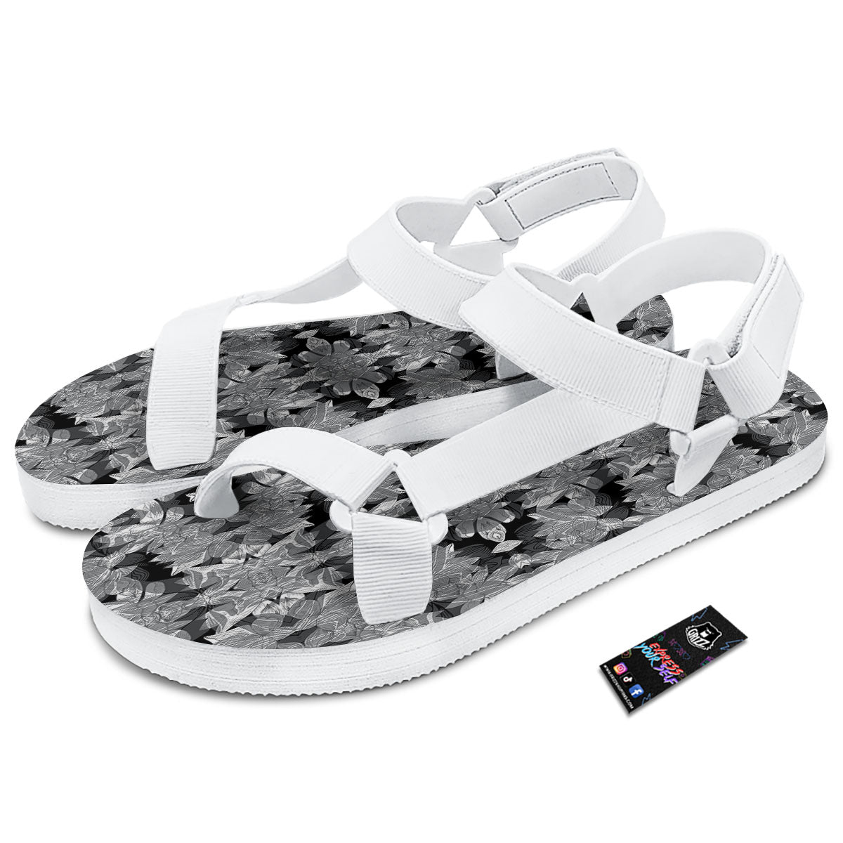Lotus Monochrome Print Pattern White Open Toe Sandals-grizzshop