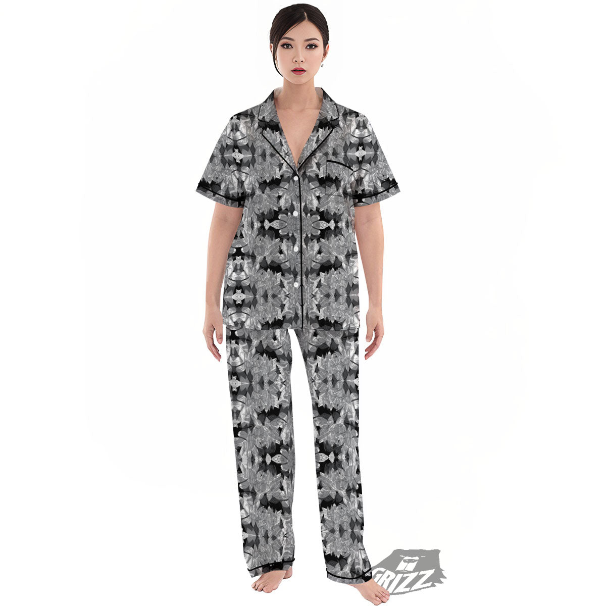 Lotus Monochrome Print Pattern Women's Pajamas Set-grizzshop